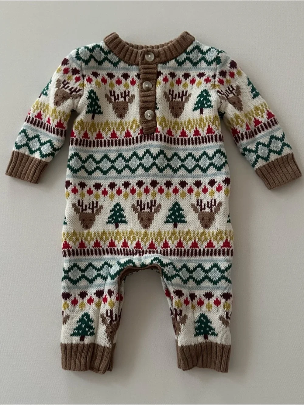 Old Navy 0-3 Months Baby Fair Isle Moose Knit Jumpsuit Christmas Tree Holiday